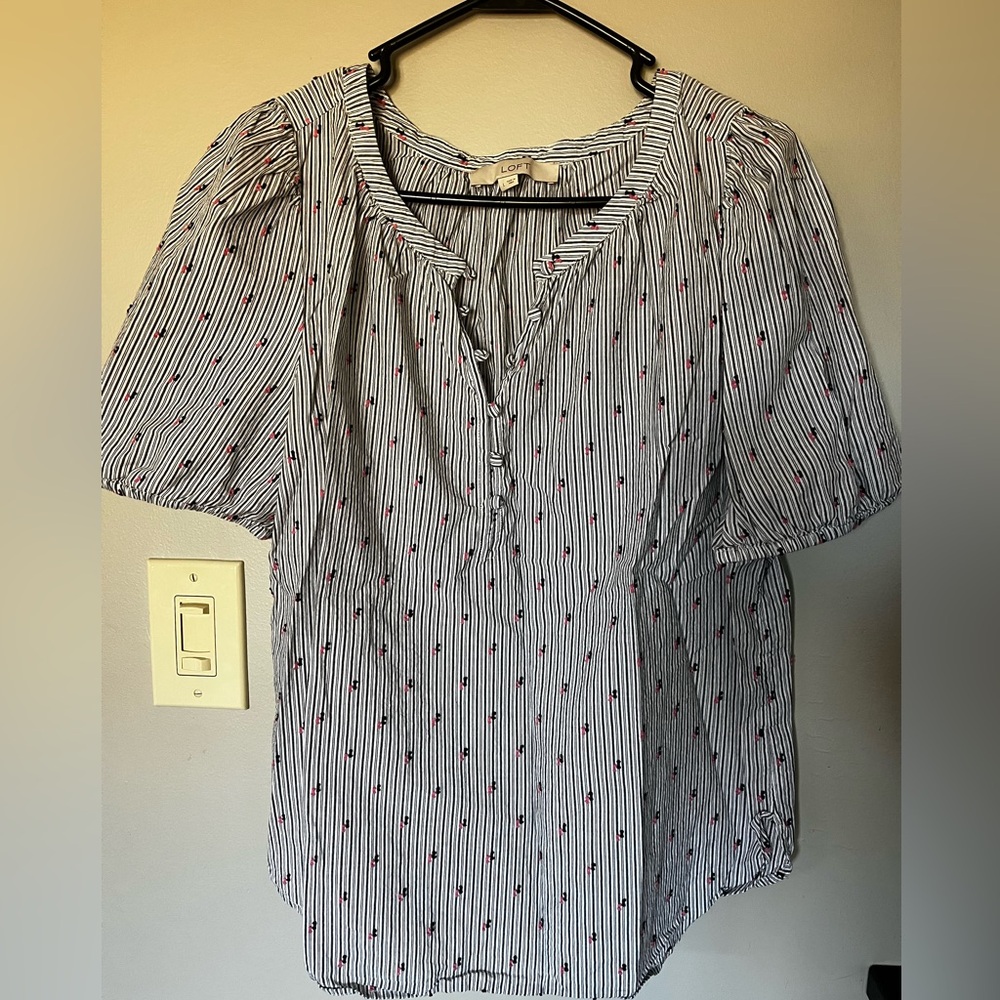 LOFT Women's Black and White Striped Blouse with Red Accents